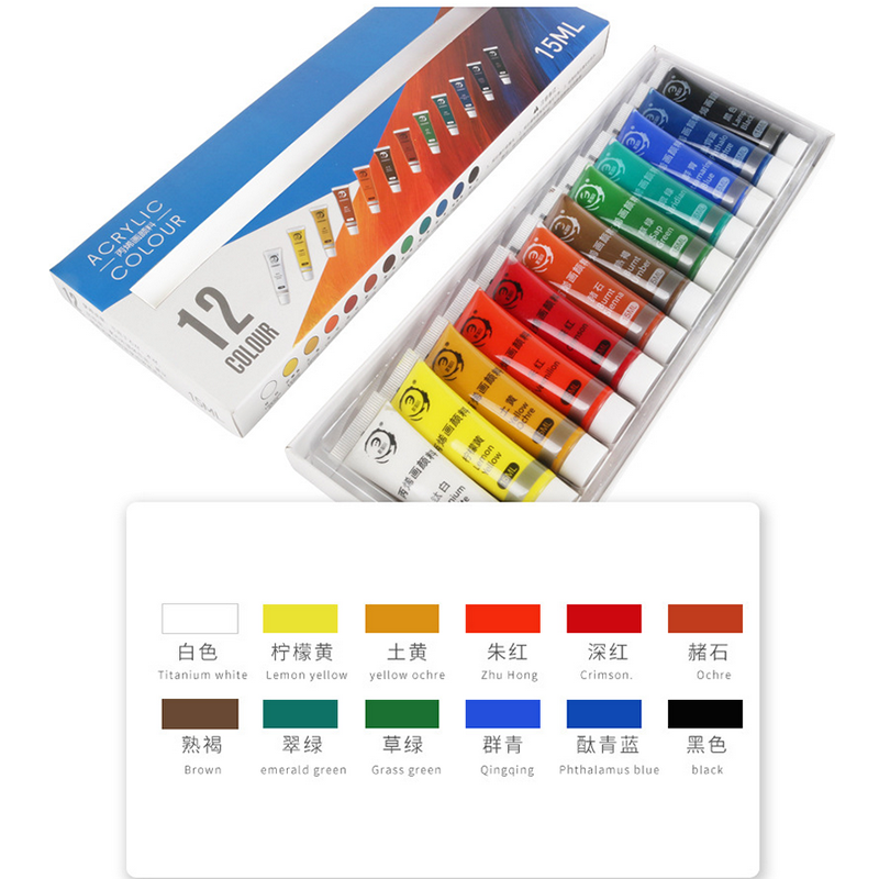 Acrylic Paint Set of 12 Colors 15ml Tubes