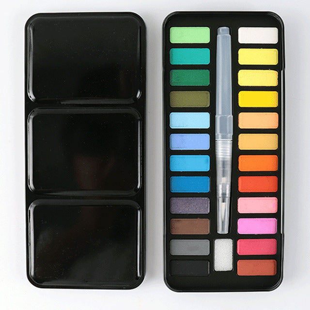 12/18/24/36 Colors Solid Watercolor Paint Set Portable Metal Box With Water Color Brush