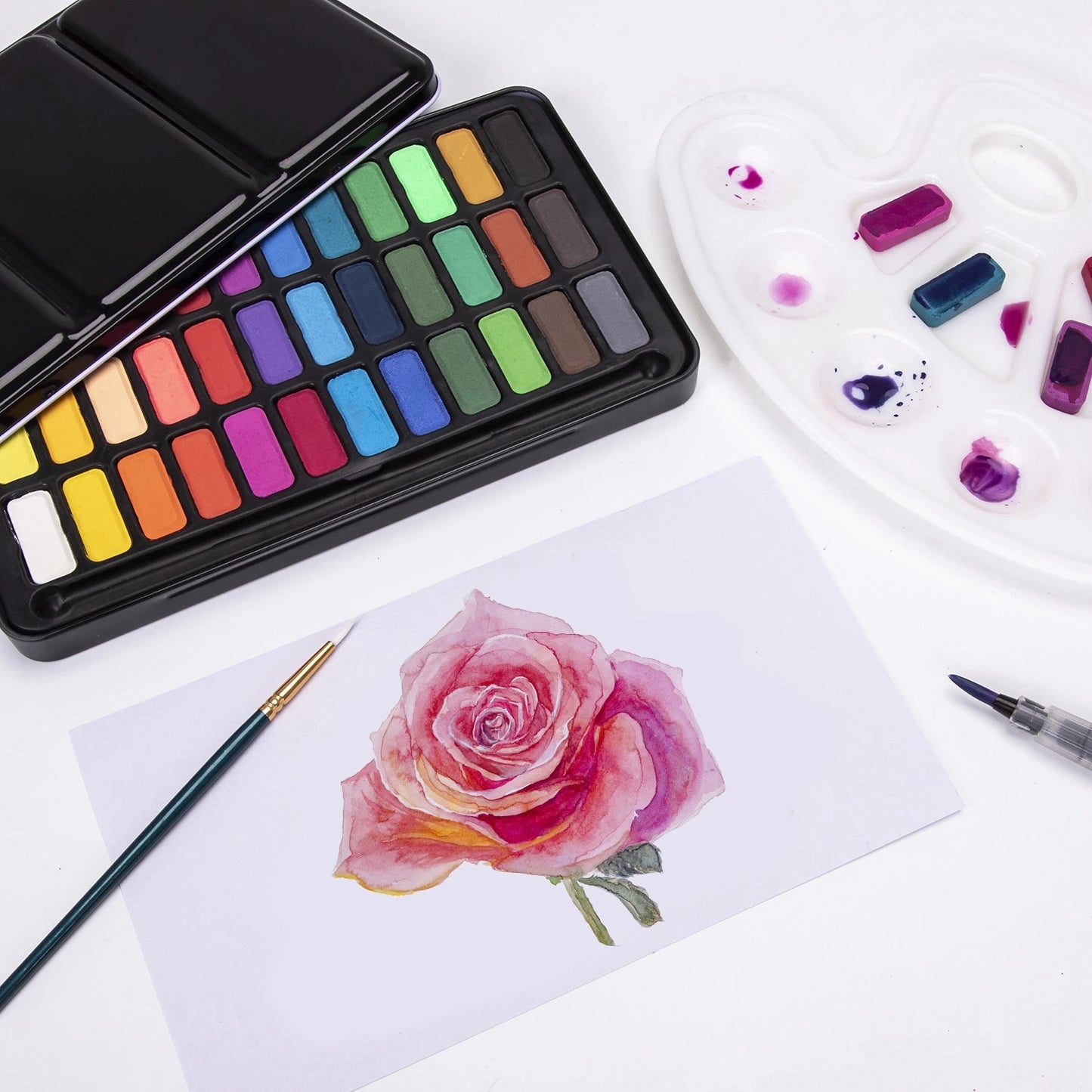 12/18/24/36 Colors Solid Watercolor Paint Set Portable Metal Box With Water Color Brush