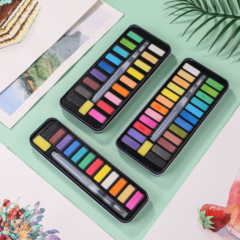 12/18/24/36 Colors Solid Watercolor Paint Set Portable Metal Box With Water Color Brush