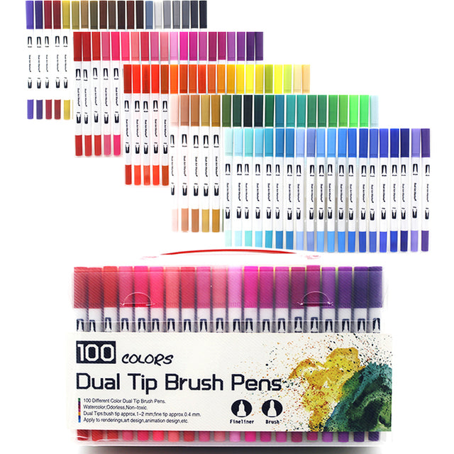 100 Color Dual Tip Brush Pen Marker Set for Sketch Watercolor