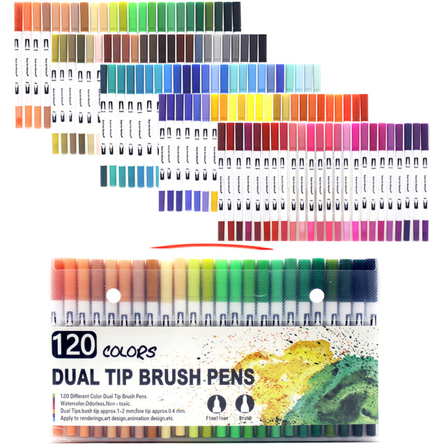 120 Colors Dual Tip Brush Pens Fineliner Tip 0.4mm and Brush Tip 1