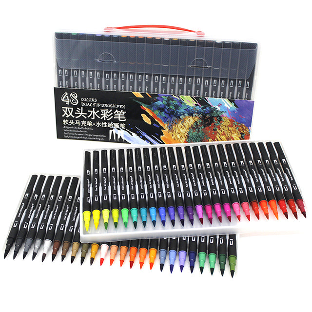 12 Color Set Dual Tip Art Marker Watercolor Brush Fineliner Pen